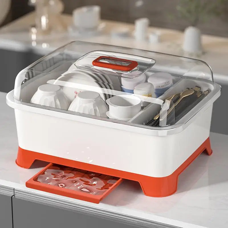 Multifunctional Kitchen Storage Rack Dishware Drain Basket Cover Included Utensil Storage Box Plastic Kitchen Organizer