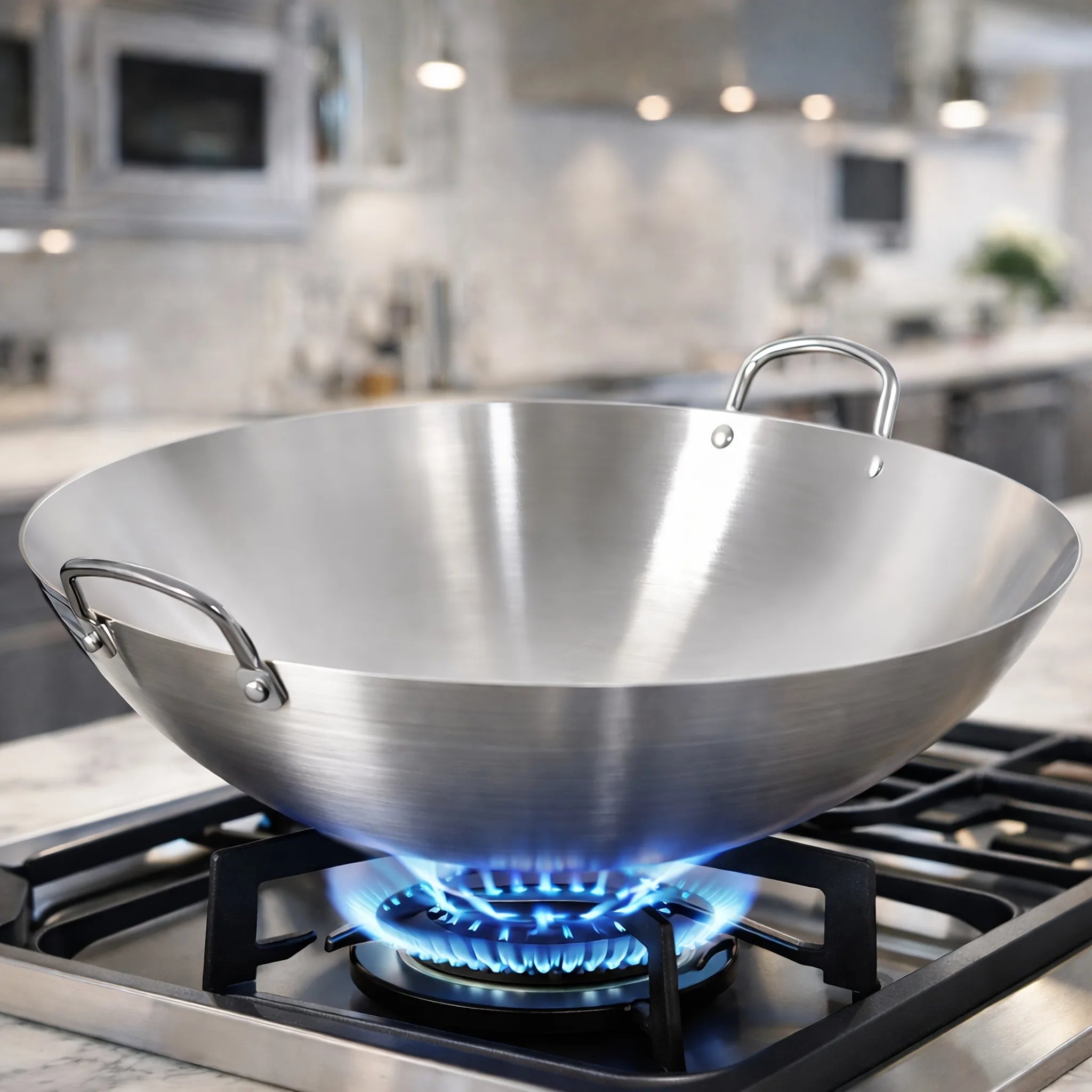 1pc Large Stainless Steel Wok, Uncoated Thick High-Quality Durable Chef'S Pan with Dual Handles, Easy to Clean for Commercial