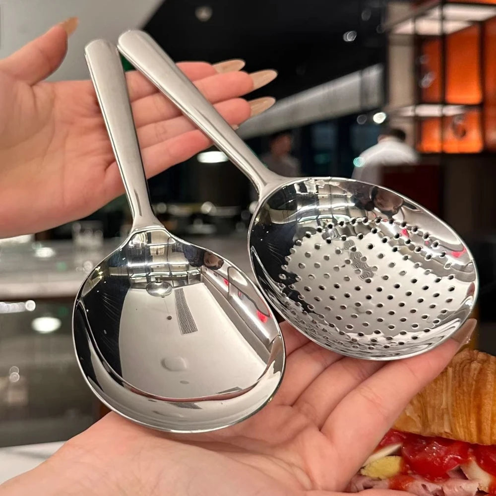 Stainless Steel Serving Spoons Round Fruit Food Scoop Dining Soup Rice Spoon Heat Insulated Handle Kitchen Restaurant Ladles