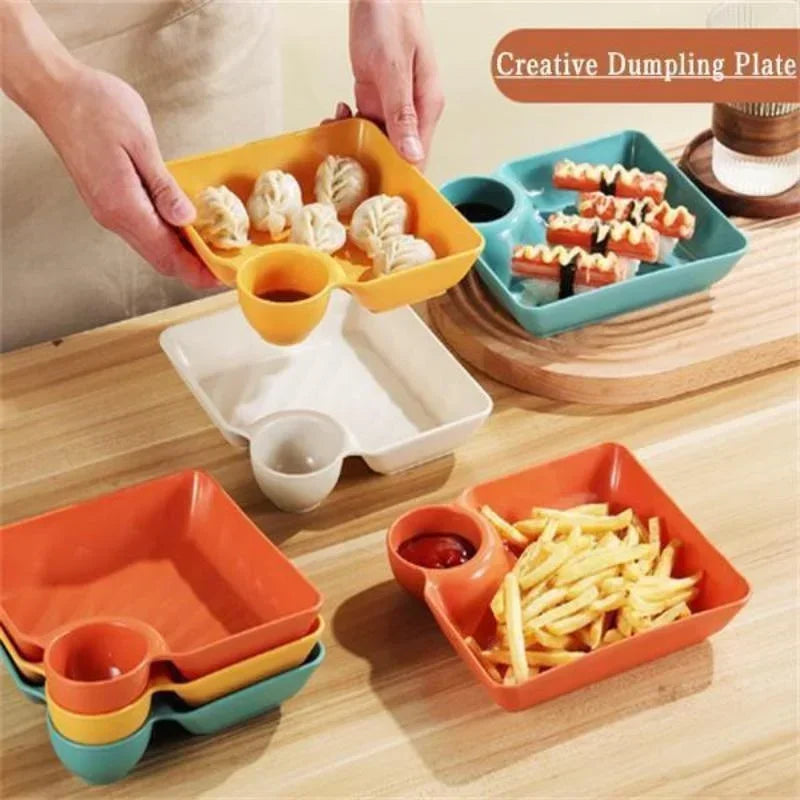 4pcs Easter Themed Chips & Dip Plates, Plastic Dumpling Serving Platter with Dipping Cup, Divided Snack Dishes for Appetizer