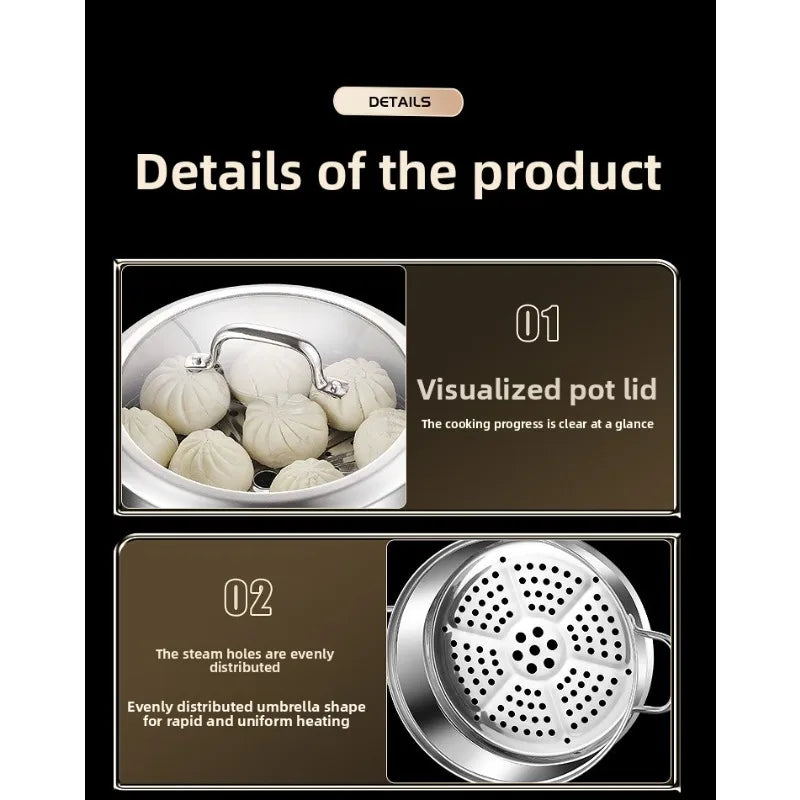 Household 304 stainless steel steamer -thick bottom, large capacity, dual-layer and triple-layer multi-functional universal type