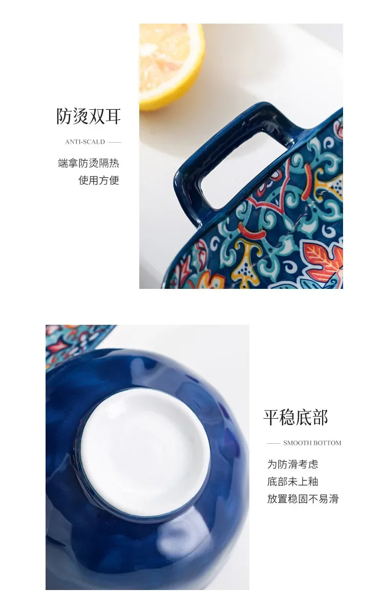 Bohemia Ceramic Rice Bowl Serving Plate Creative Ceramic Cutlery Soup Noodle Bowl Household Handle Bowl Sauce Dish
