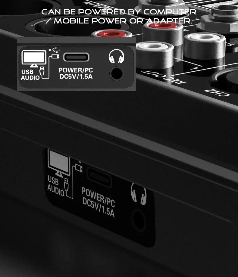 Audio Interface Mixer with Bluetooth USB Recording Computer 48V Phantom Power Delay Replay Effects, 4-Channel Audio Mixer ﻿