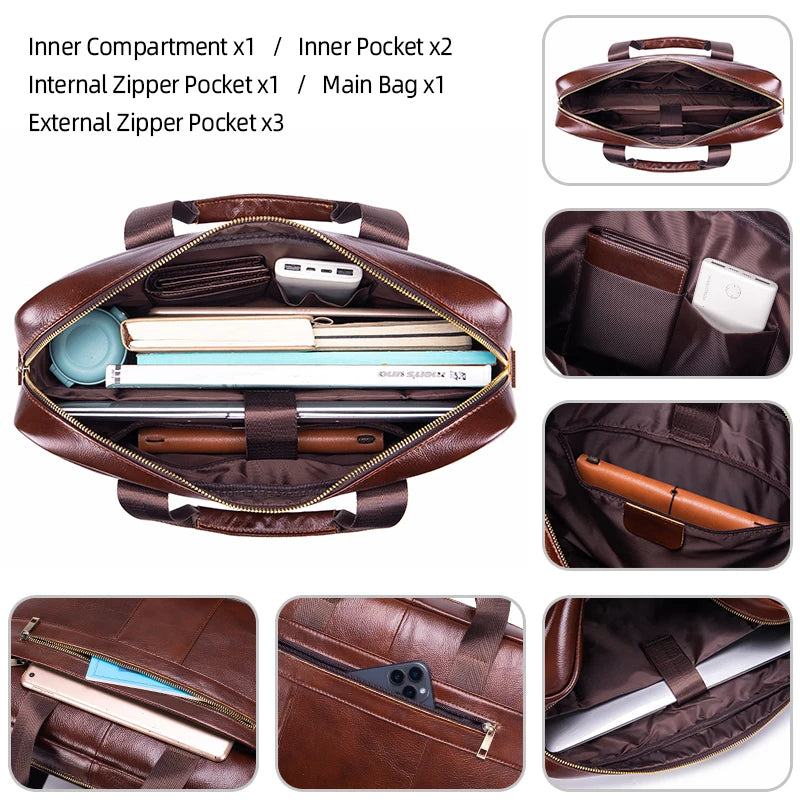Men's Genuine Leather Laptop Bag Vintage Business Briefcase Shoulder Handbag Messenger Computer Bag Work Travel