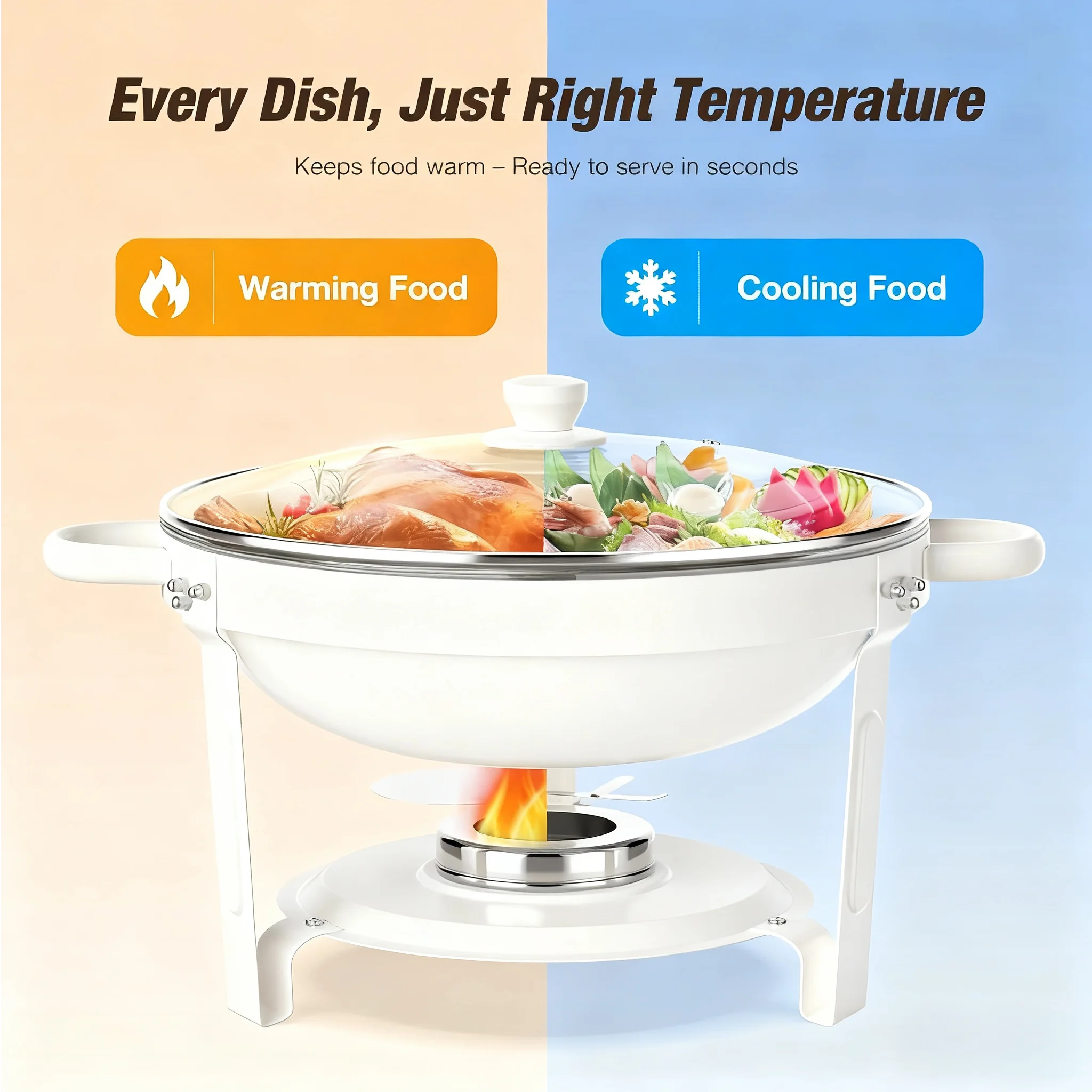 White Chafing Dishes for Buffet with Glass Lid (5QT, 1-2-4Pack), Stackable, Lid Holder for Party, Wedding
