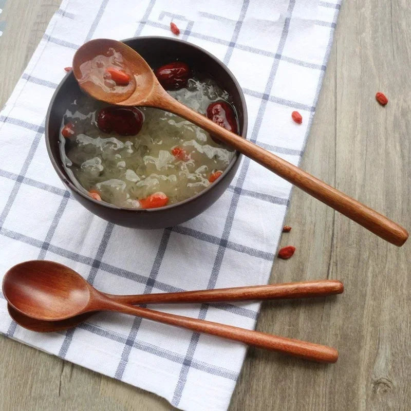 5 Pieces Wood Soup Spoons for Eating, Mixing, Stirring, Cooking, Long Handle Spoon with Japanese Style Kitchen Utensi