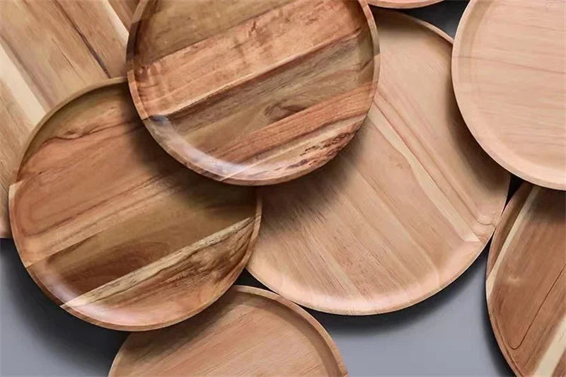 15/20/25cm Wooden Round Serving Platter Tray Retro Wood Pizza Salad Plate Fruit Dessert Tray Bread Cake Container Snacks Dish