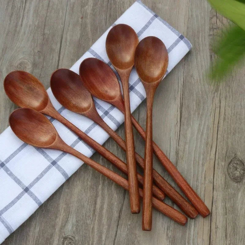 5 Pieces Wood Soup Spoons for Eating, Mixing, Stirring, Cooking, Long Handle Spoon with Japanese Style Kitchen Utensi