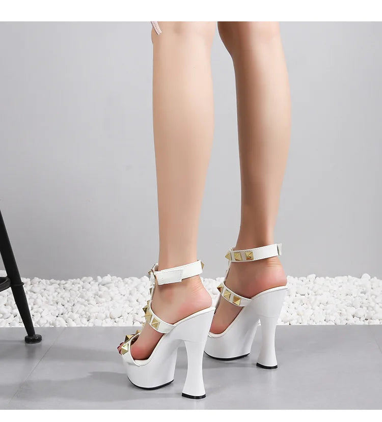 New Rivet Designer High Heels 2025 Fashion Thick Platform Club Women Pumps Sexy Summer Models Sandals White Black Red Woman Shoe