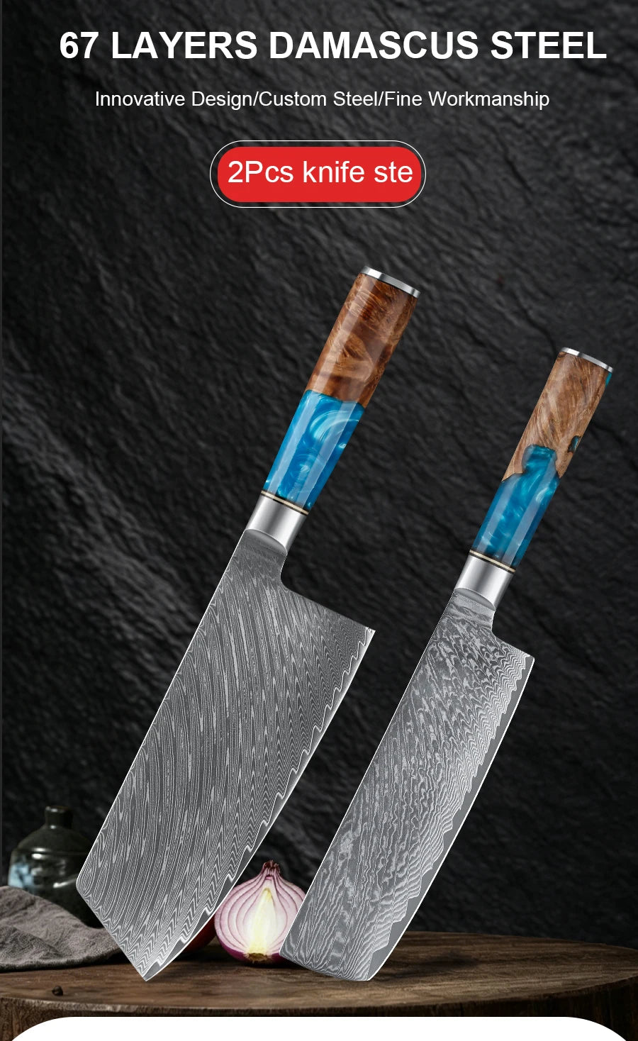 Kitchen Knives-Set Damascus Steel Cleaver Knife Nakiri Knife Meat Vegetable Blue Resin Handle set
