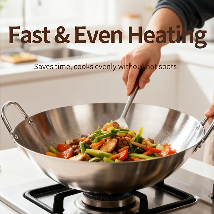 1pc Large Stainless Steel Wok, Uncoated Thick High-Quality Durable Chef'S Pan with Dual Handles, Easy to Clean for Commercial