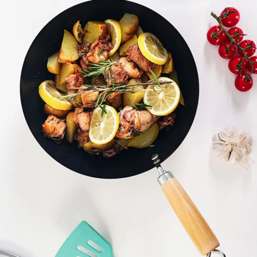 Durable Non-stick Small Cast Iron Wok No Coating Universal Frying Pan Wood Handle Deepened Pot Single