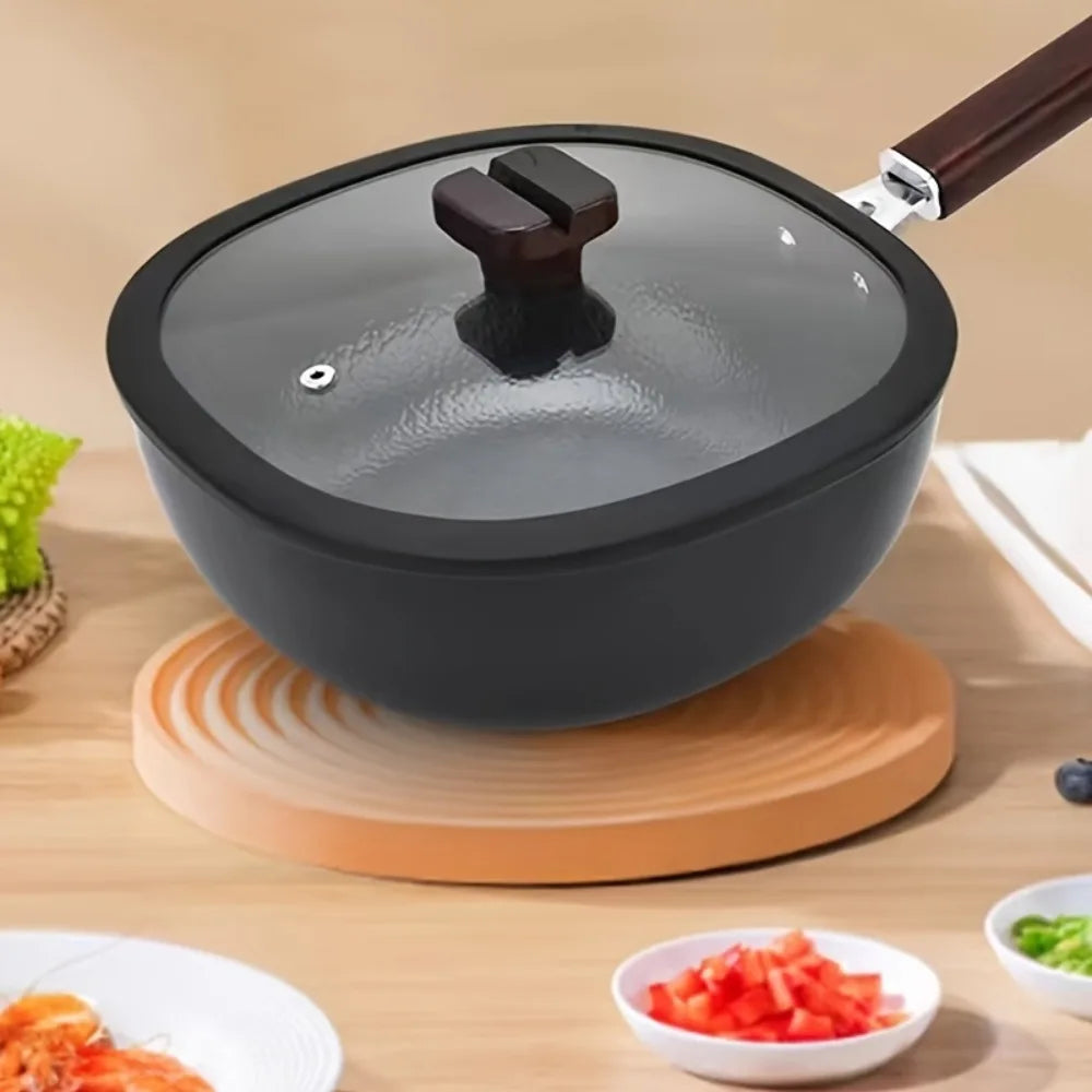 Cookware Refined Iron Square Frying Pan No Coating Flat Bottomed Stir Fry Pot with Visible Cover Wood Handle Wok Restaurant