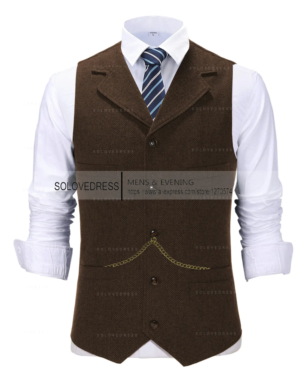 Business Mens Suit Vest Lapel V Neck Wool Herringbone Casual Brown Waistcoat Casual Formal Groomsman Jacket For Wedding