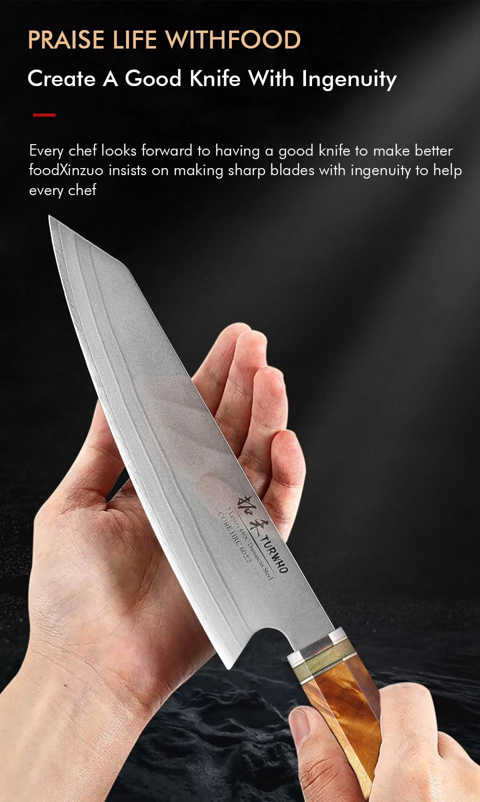 TURWHO 8" Japanese Kiritsuke Knife 7 Layer 440C Damascus Steel Hand Forged Meat Cleaver Kitchen Chef Knives Sharp Cooking Tools