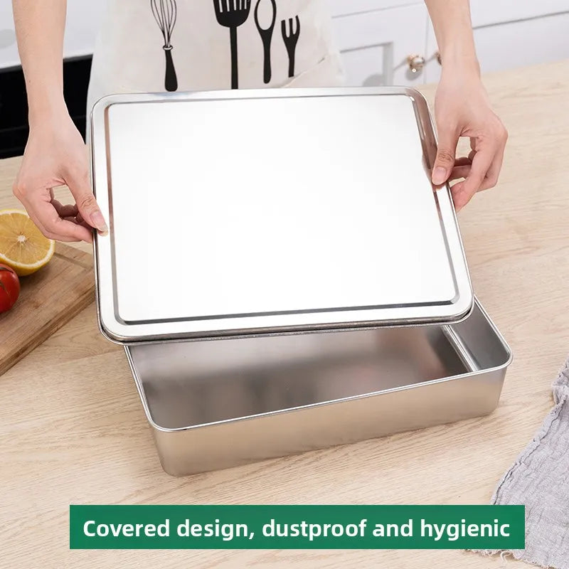 Stainless Steel Thickened Flat Bottom Rectangular Dish with Lid for Baking Steaming Dessert Dish Restaurant Fast Food Platter