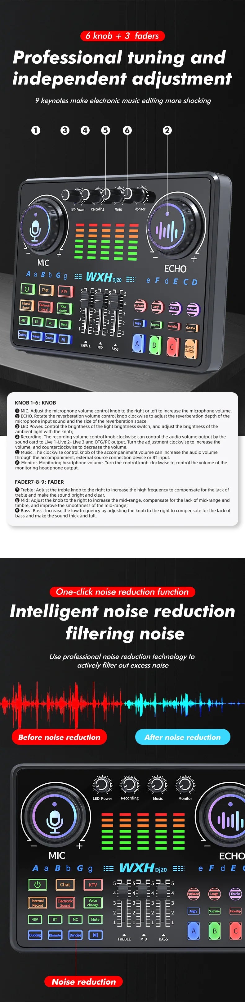 Dj20 Sound Card Studio Mixer WXH520 Noise Reduction Microphone Singing Voice Live Broadcast Phone Computer Record USB Sound Set
