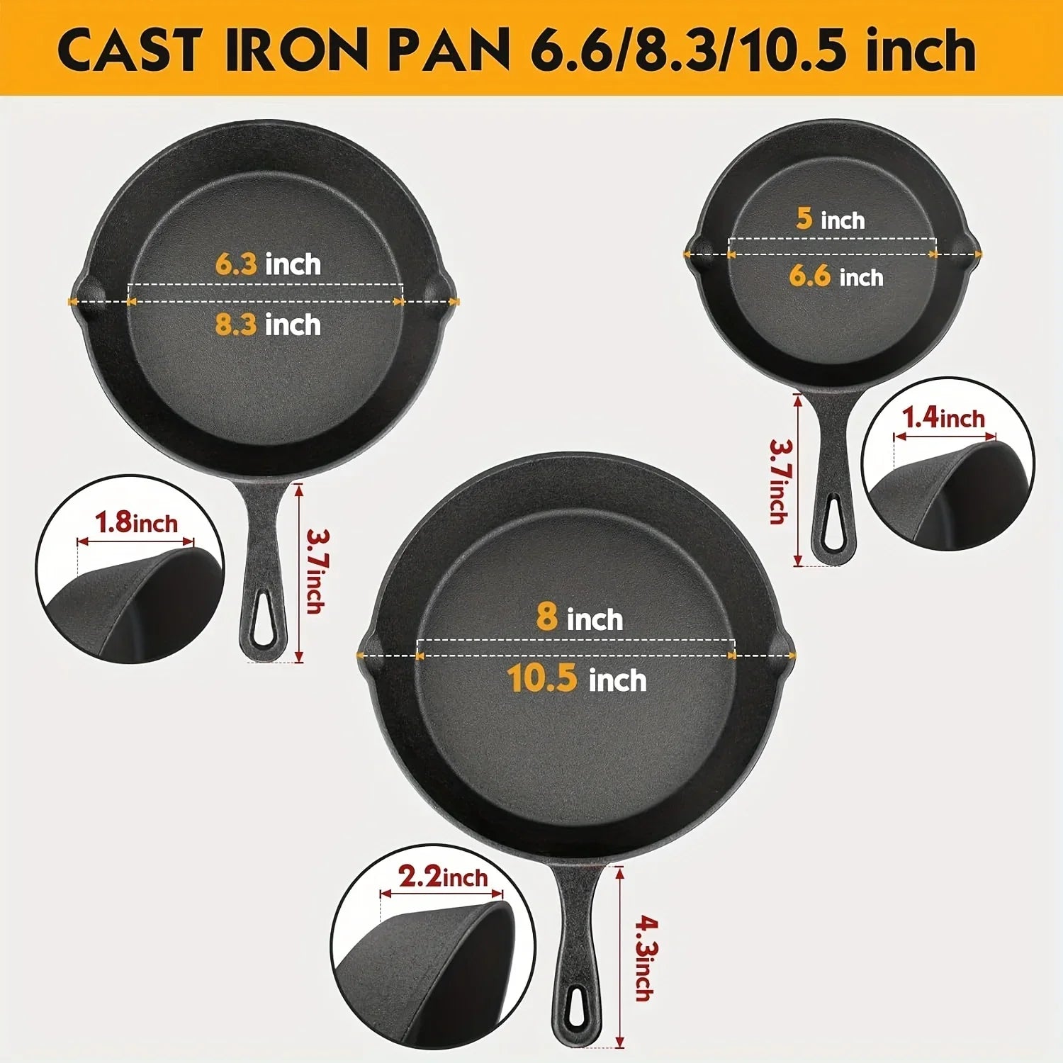 3-Piece Bare Cast Iron Skillet Set (6/8/10 Inches) | 100% Natural Seasoning, No Chemical Coatings | Clan Sand Cast.