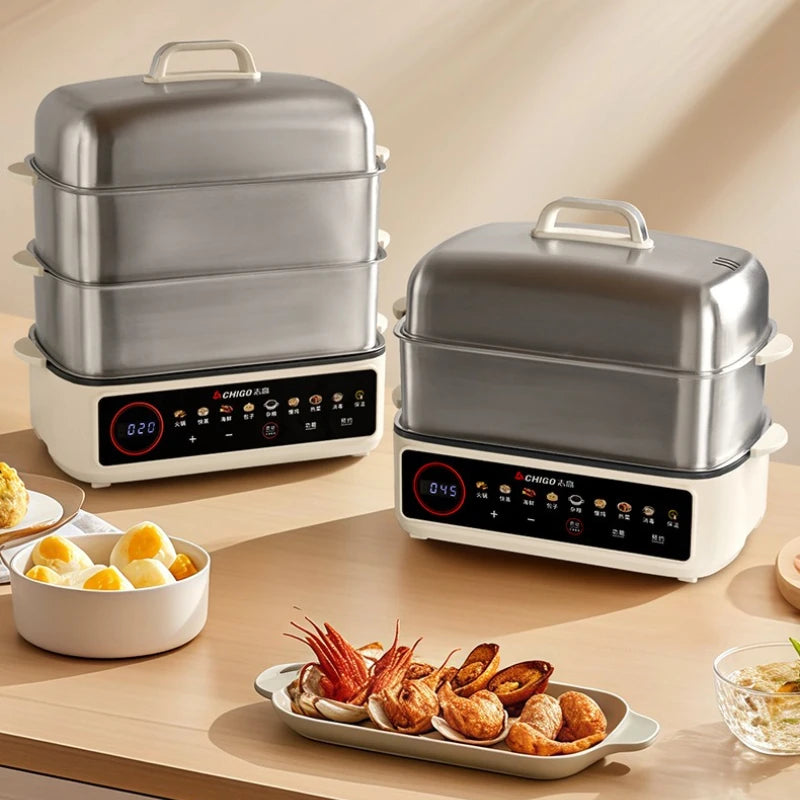 Full Steel Electric Steamer, 3-Layer Multi-Function Cooker for Home, Smart Timer, LCD Screen, Anti-Corrosion and Easy Cleaning