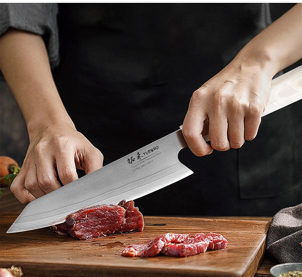 TURWHO 8" Japanese Kiritsuke Knife 7 Layer 440C Damascus Steel Hand Forged Meat Cleaver Kitchen Chef Knives Sharp Cooking Tools