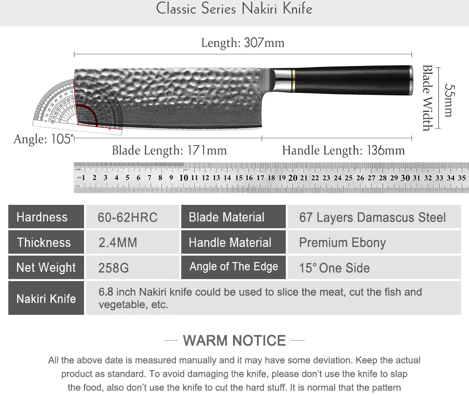 Kitchen Knife 6.8'' Nakiri Knife Japanese Damascus Steel Butcher Meat Cleaver Vegetable Knives Cooking Cutter Ebony Handle