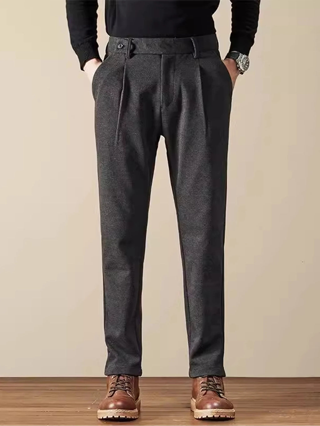 Business Casual Men's Brushed Khakis Straight Leg Long Pants Lightweight Luxury Wool Trousers Autumn Winter New Arrival
