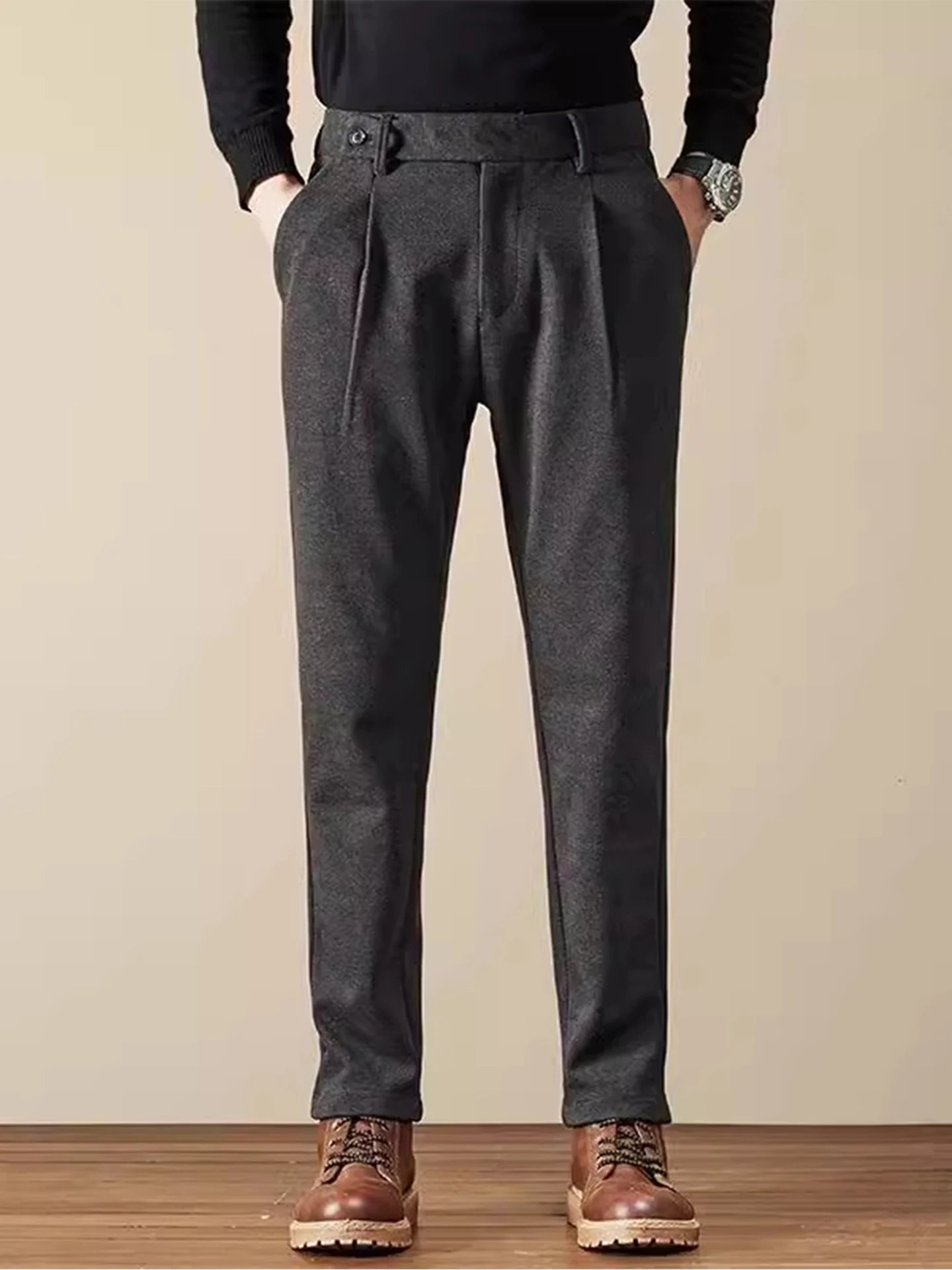 Business Casual Men's Brushed Khakis Straight Leg Long Pants Lightweight Luxury Wool Trousers Autumn Winter New Arrival