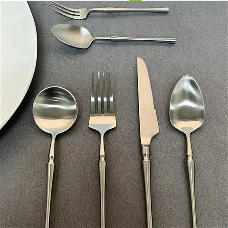 Silver Matte 304 Stainless Steel Cutlery Set Slim Complete Knife Spoon Fork Sets Household Dinner Breakfast Table Accessories