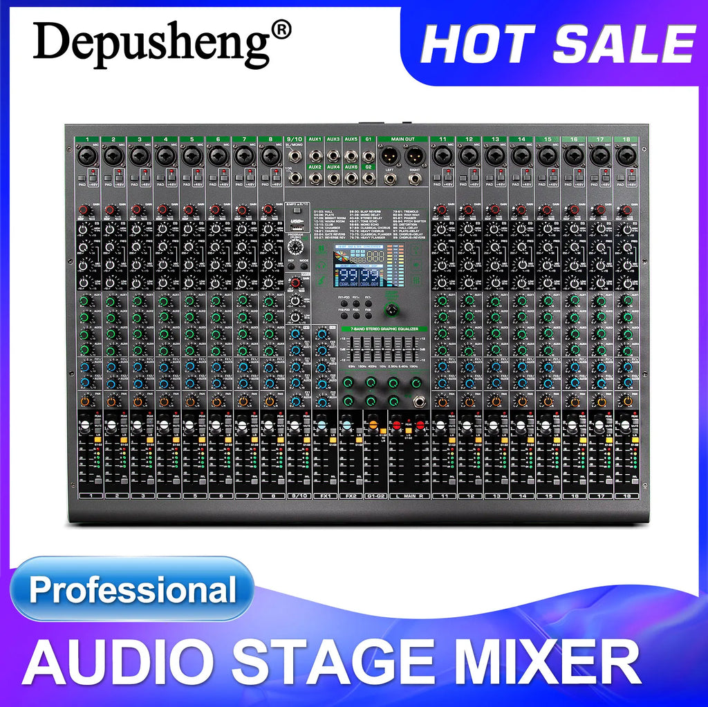 Depusheng Digital Mixer Professional Audio Mixer 18channels with 99bit dps reverb chip Bluetooth USB MP3 for stage bar studio DJ