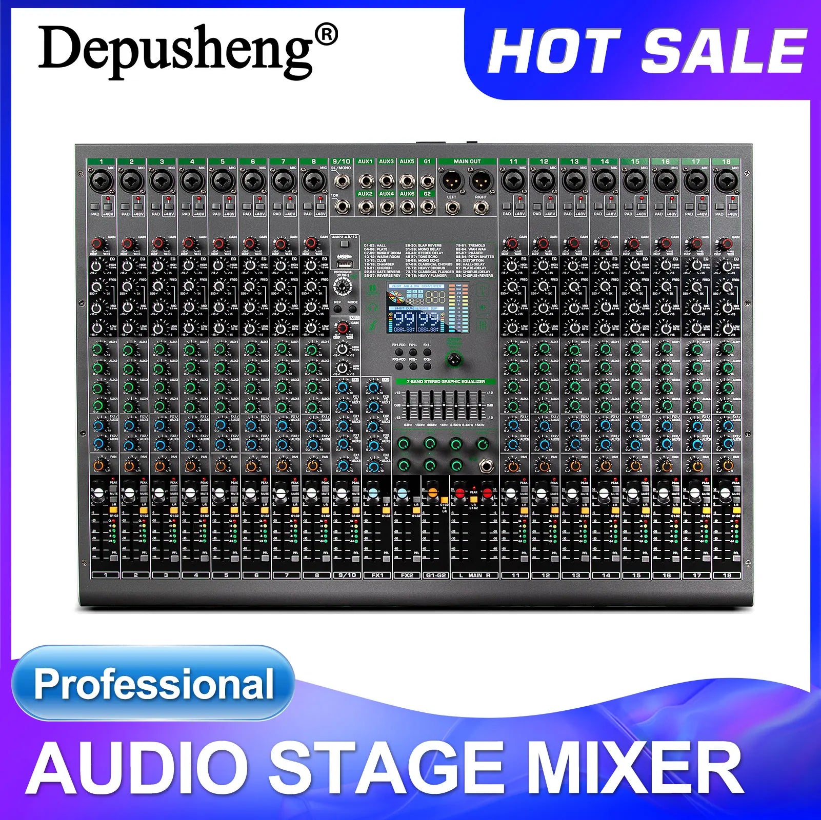 Depusheng Digital Mixer Professional Audio Mixer 18channels with 99bit dps reverb chip Bluetooth USB MP3 for stage bar studio DJ