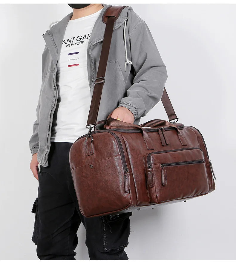 Geestock Business Men PU Leather Gym Duffel Bag Large Capacity Sports Travel Tote Handbag For Male Fitness Vintage Luggage Bag