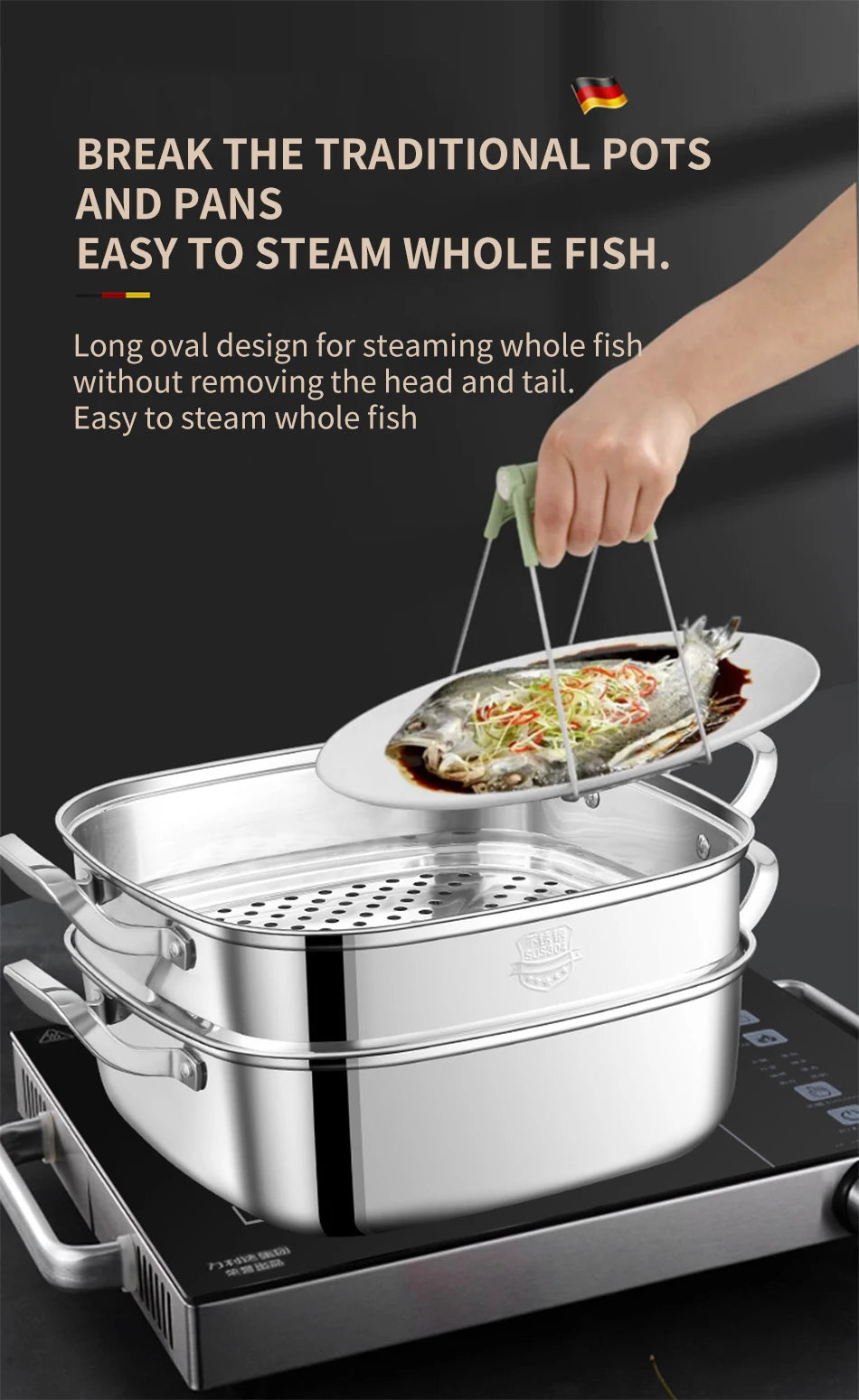 Household Square Steamer 316 Stainless Steel Thickened Three-Layer Steamer Tray Multifunctional for Gas & Electromagnetic Use