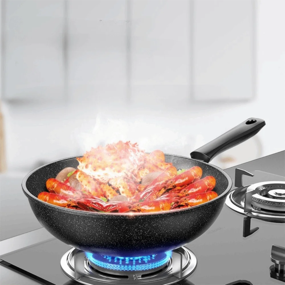 Kitchen Cookware Non-Stick Stir-Fry Pan Universal with Lid Skillet Flat Bottomed Frying Pan Cooking