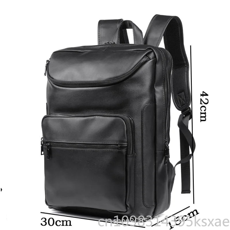 Men's 15.6 Inch Business Laptop Backpack Black Premium Cowhide Leather for Commuter Casual Student Office Travel