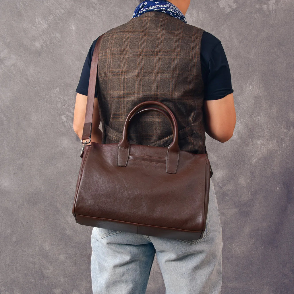 Business vintage genuine leather men's briefcase organizer designer handmade real cow leather women's handbag work postman bag