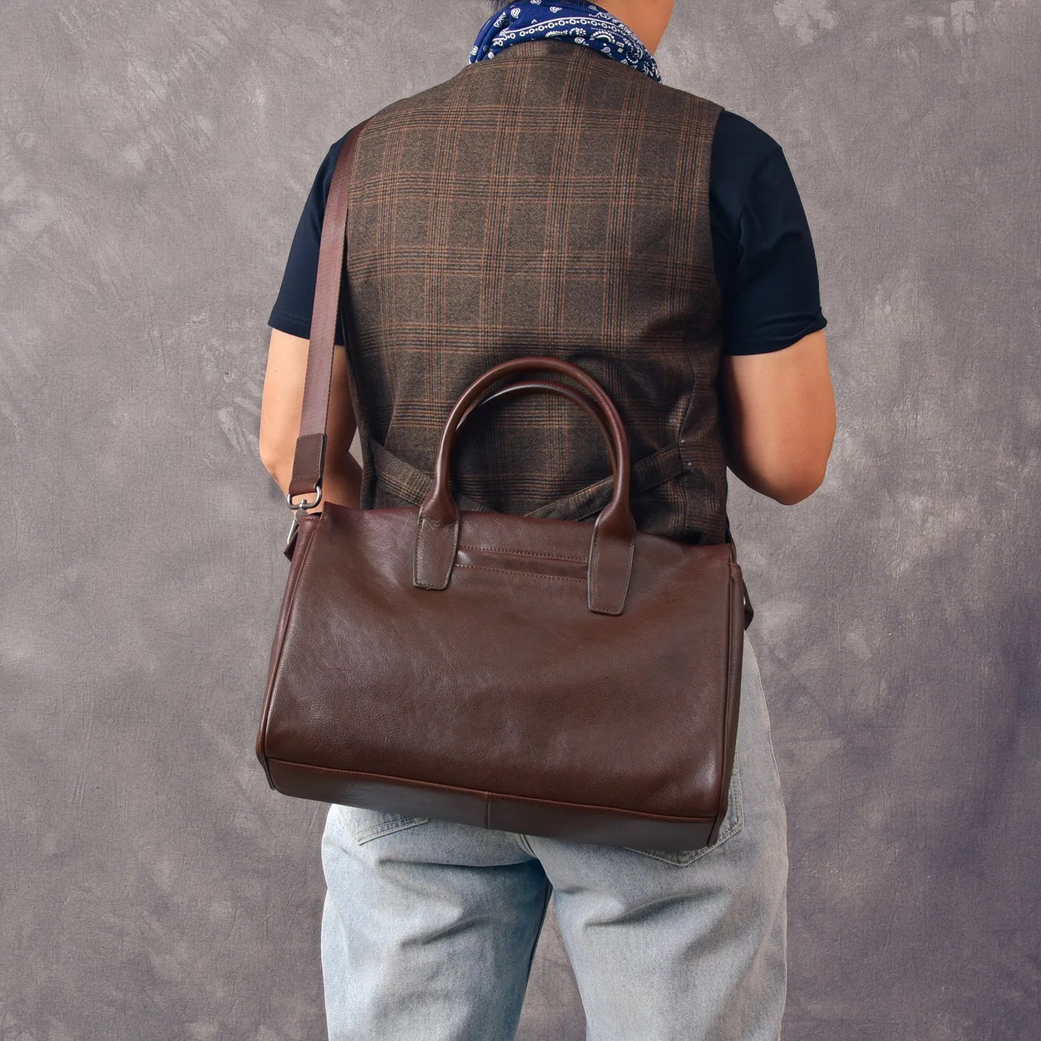 Business vintage genuine leather men's briefcase organizer designer handmade real cow leather women's handbag work postman bag