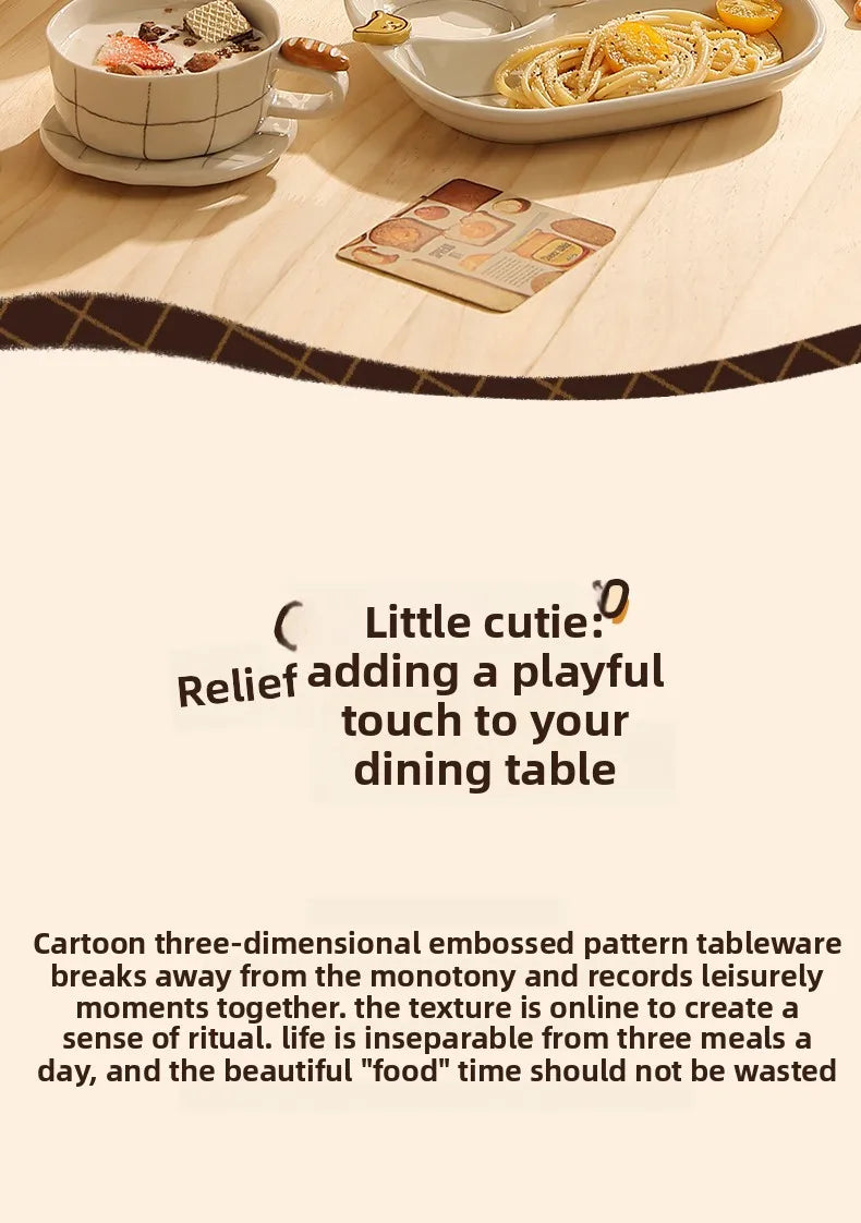 Beautiful Ceramic Breakfast Plate Dinnerware Set Coffee Cup Divided Plate Korean Style Casual Cartoon Pattern Home Use