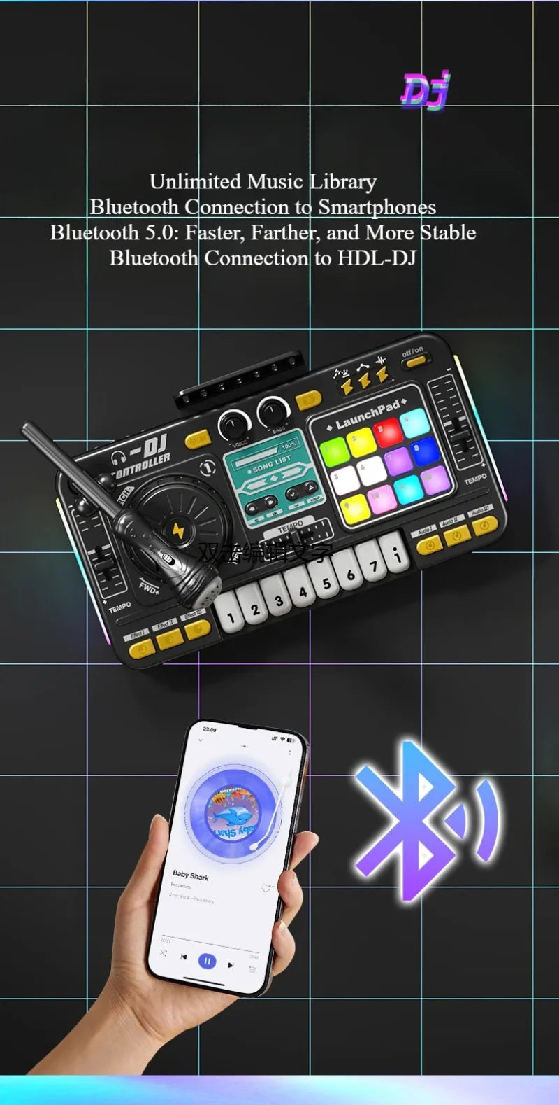 Kid DJ Mixer with Microphone Multifunctional Electronic Piano Keyboard Bluetooth DJ Turntable Controller Kid Musical Instrument