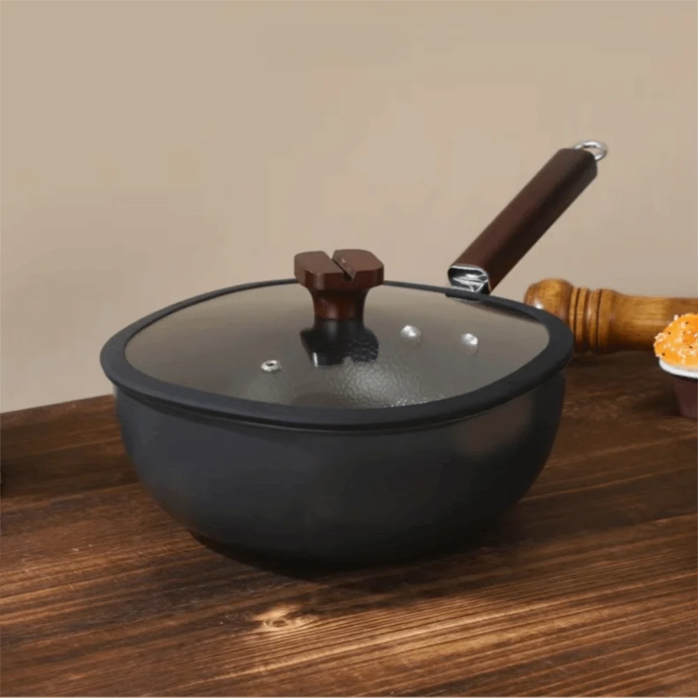 Cookware Refined Iron Square Frying Pan No Coating Flat Bottomed Stir Fry Pot with Visible Cover Wood Handle Wok Restaurant