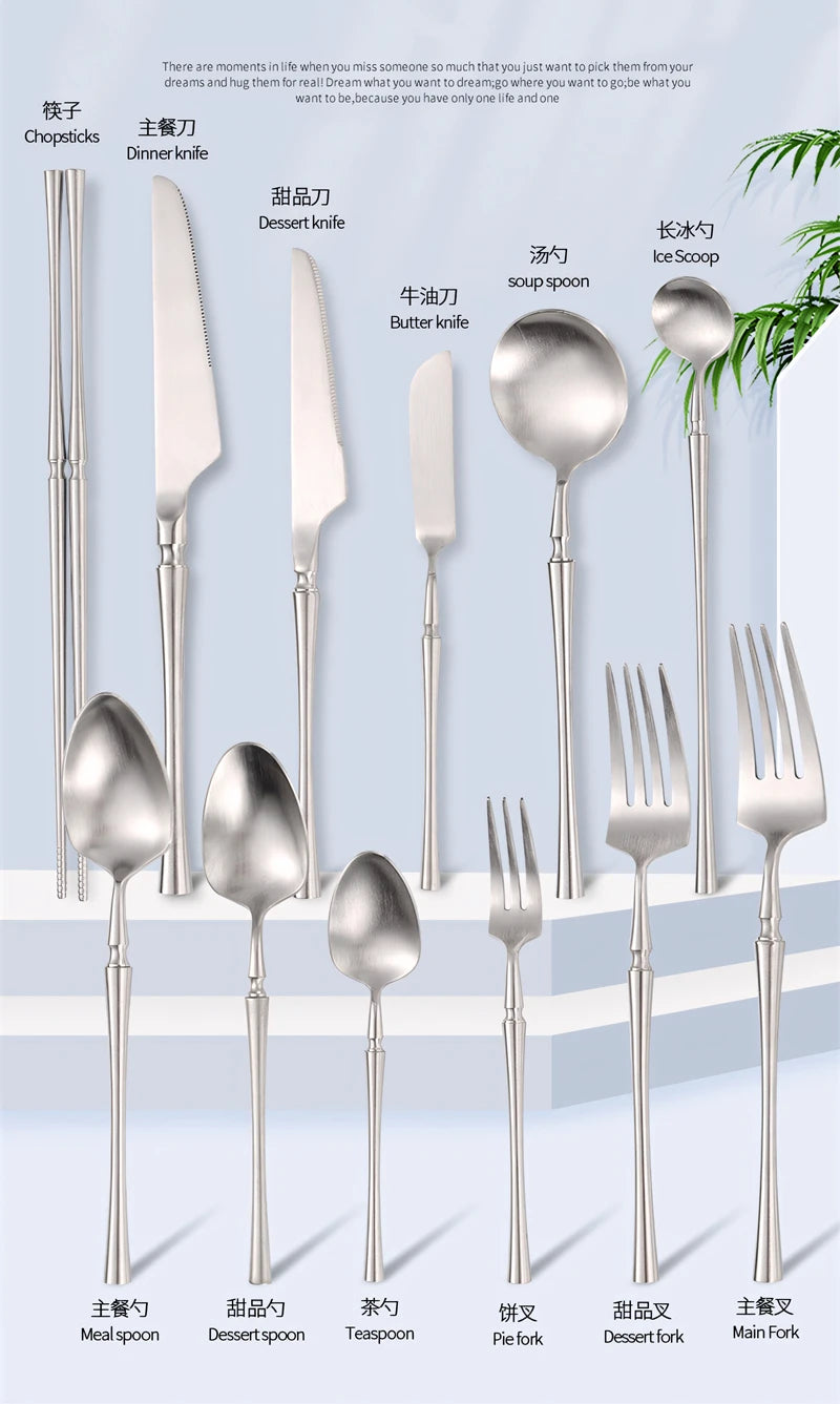 Silver Matte 304 Stainless Steel Cutlery Set Slim Complete Knife Spoon Fork Sets Household Dinner Breakfast Table Accessories