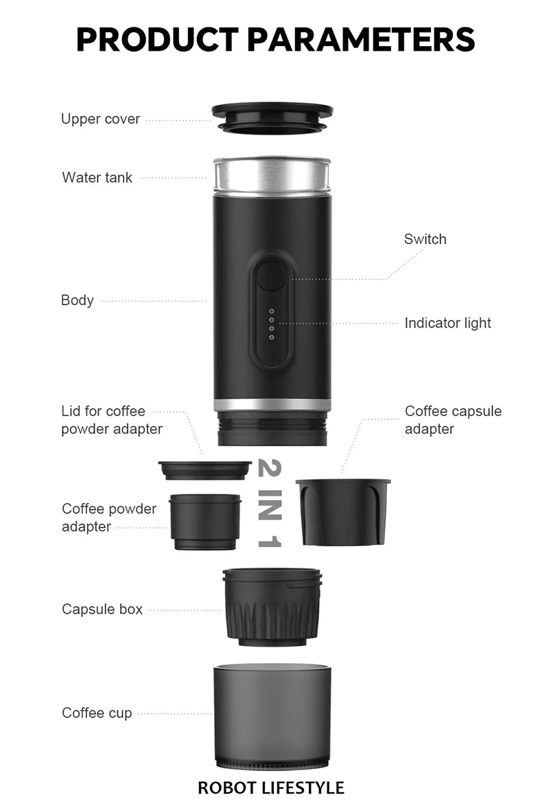 Portable Coffee Maker with 2-In-1 System Heating Water  Large-capacity Battery 9000mAh  for Outdoor Camping Travel  Hotel Office