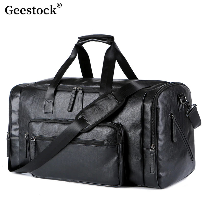 Geestock Business Men PU Leather Gym Duffel Bag Large Capacity Sports Travel Tote Handbag For Male Fitness Vintage Luggage Bag