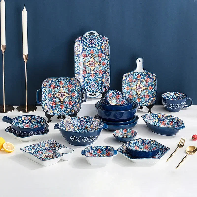 Bohemia Ceramic Rice Bowl Serving Plate Creative Ceramic Cutlery Soup Noodle Bowl Household Handle Bowl Sauce Dish