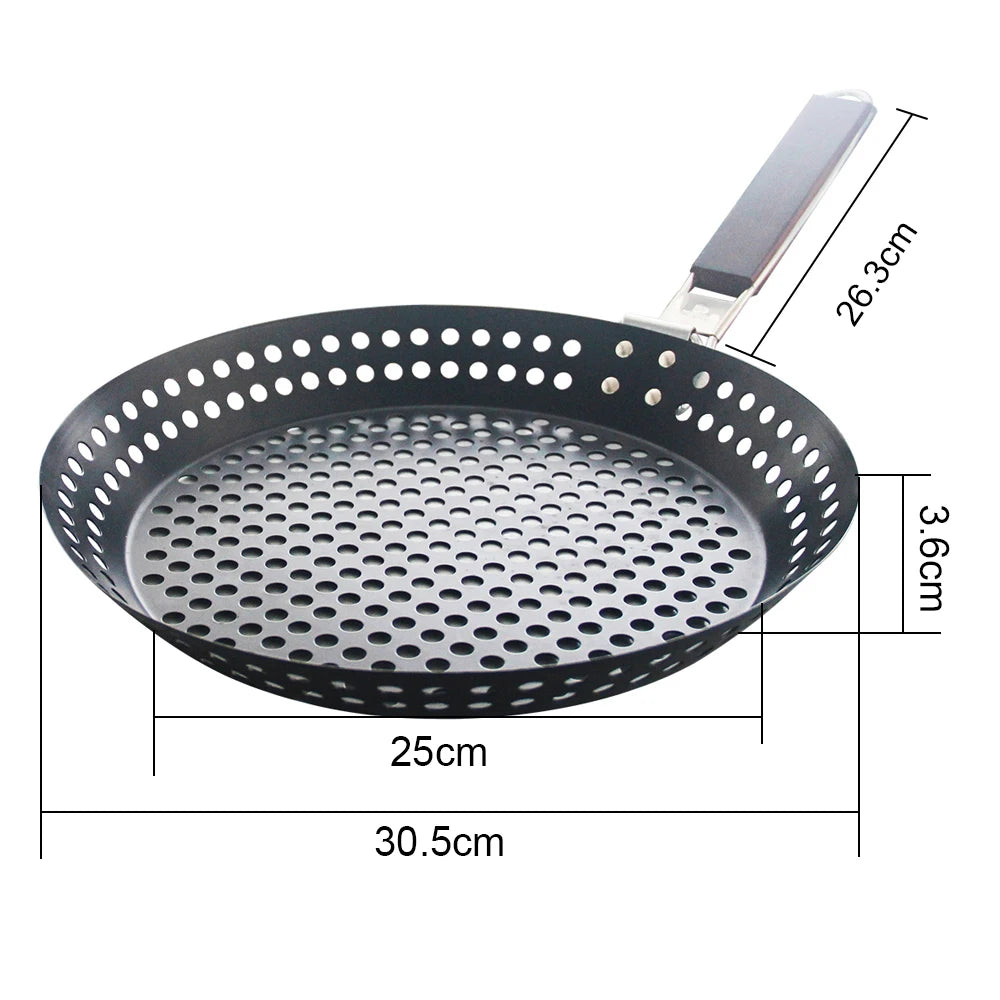 Grilling Skillet Non-stick Metal Folding Wooden Handle with Holes Removable Handle for Outdoor Grill Topper Barbecue Pan