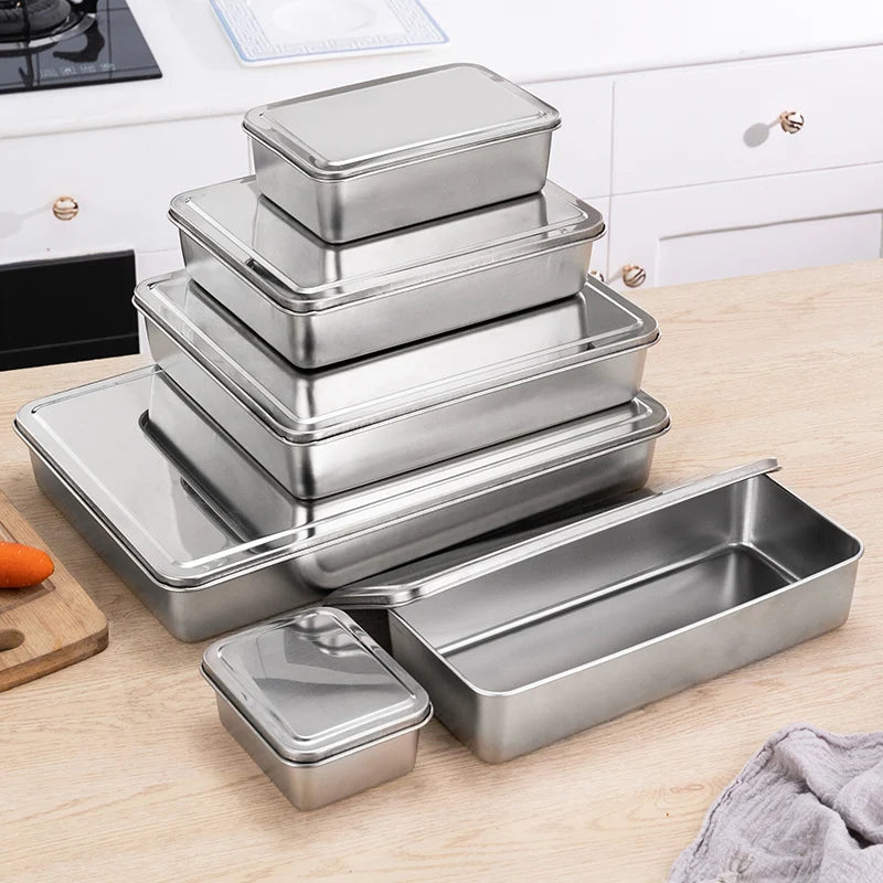 Stainless Steel Thickened Flat Bottom Rectangular Dish with Lid for Baking Steaming Dessert Dish Restaurant Fast Food Platter
