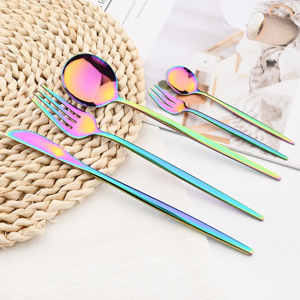 30Pcs White Gold Cutlery Set Stainless Steel Tableware Knife Cake Fork Spoon Dinnerware Set Kitchen Flatware Silverware