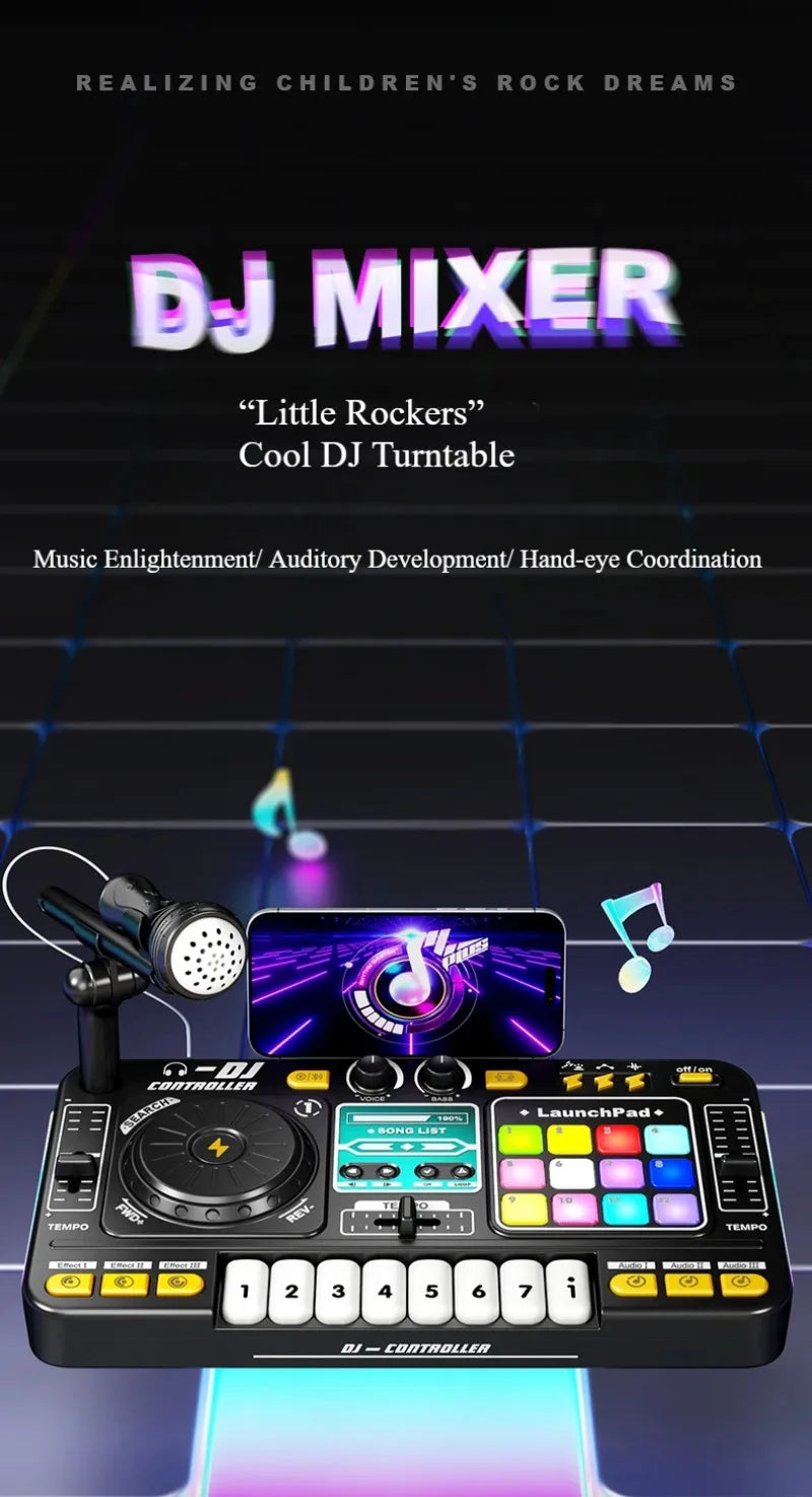 Kid DJ Mixer with Microphone Multifunctional Electronic Piano Keyboard Bluetooth DJ Turntable Controller Kid Musical Instrument