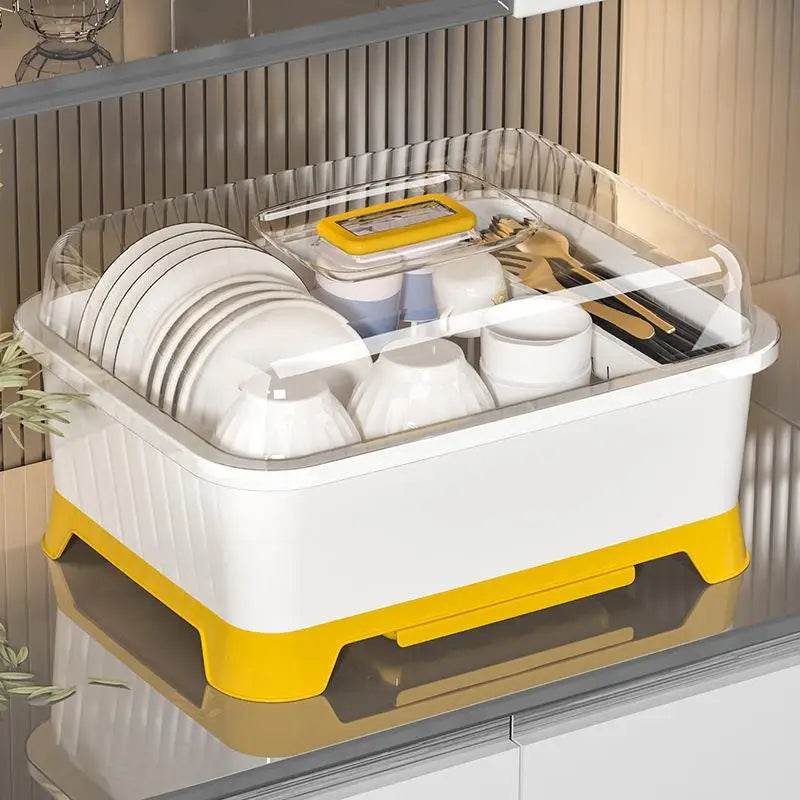 Multifunctional Kitchen Storage Rack Dishware Drain Basket Cover Included Utensil Storage Box Plastic Kitchen Organizer
