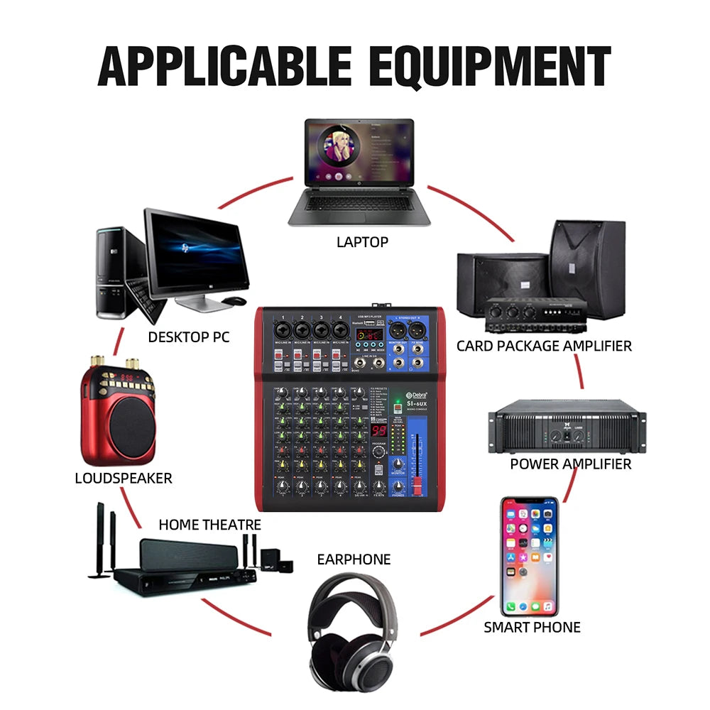 4 6 8-channel portable audio mixer, 99 DSP digital effects, Bluetooth 5.0 USB tuner for DJ consoles, karaoke, music festivals