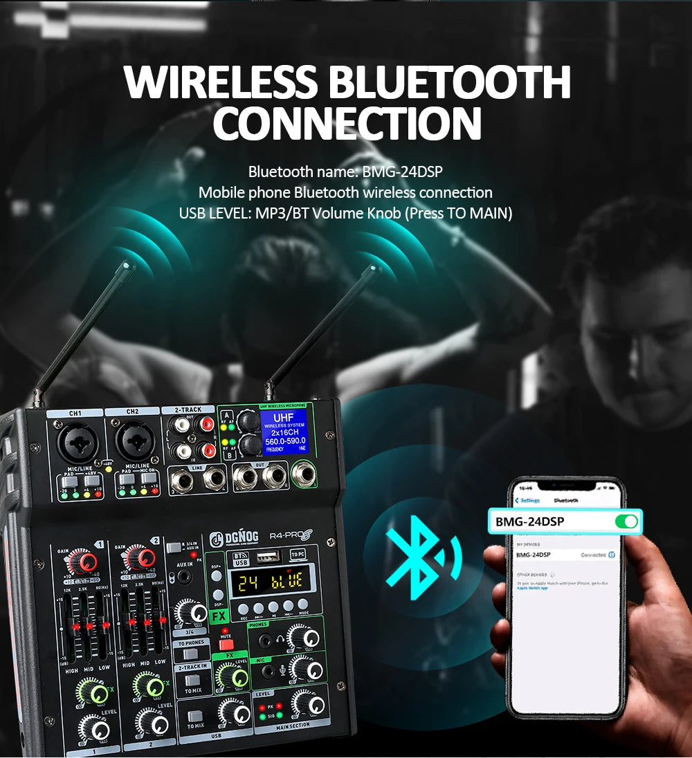 4 Channel Karaoke Audio Mixer with Dual UHF Wireless Microphone USB Bluetooth DJ Mixer for Party Computer Studio Recording DGNOG
